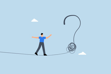 Uncertainty,  businessman acrobat rope walking to find question mark.