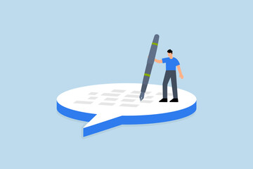 Written communication, businessman writing message on speech bubble.