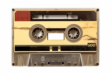 Naklejka premium A vintage audio cassette tape with a yellow design, showcasing a nostalgic aesthetic and minimal markings.