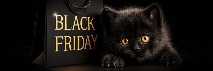 Extreme close-up of a cute black kitten with golden eyes peeking out next to a Black Friday shopping bag looking directly into the camera on a black background with copy space. Generative Ai.