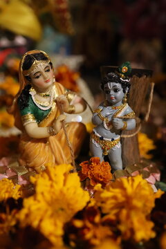 
Devotional figurines of Yashoda and baby Krishna representing the Damodara Lila story against a floral background
