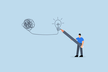 Creativity to solve problem, business man draw lightbulb from messy knot.