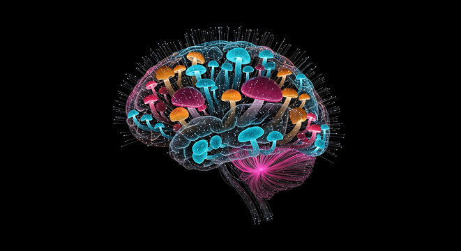 Digital brain with colorful mushrooms sprouting from it on a black background in a surreal style
