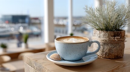 Fototapeta premium Cozy Coffee Moment on Table with Seashell and Ocean View in Background