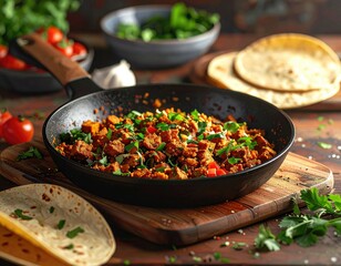 Close Up Shot of Savory Meal in a Skillet on a Wooden Surface With Tortillas
