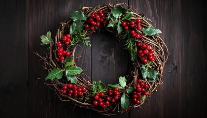 Festive Christmas Wreath with Berries on Dark Wood Background.