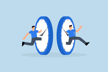 Time management, businessman jump into clock to the future.