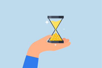 Time is money, businessman hand holding hourglass with sand falling to money.