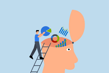 Data scientist, businessman put graph diagram report on human head brain.