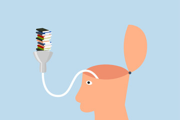 Read book fast to learning new lesson, book stack in funnel easy to flow in human head.