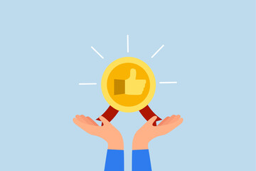 recommendation for employee, businessman hand giving thumb up honor endorsement badge.