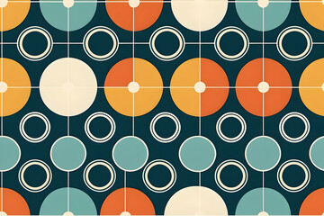 Groovy retro repeat pattern circular midcentury geometric design with warm teal orange cream circles and lines evoking playful vintage mood