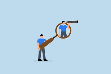 Search and discovery career opportunity, businessman with magnifying glass help search job.