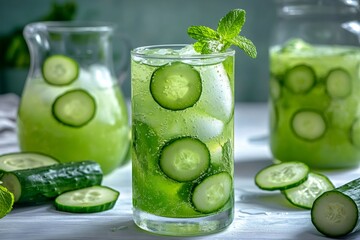 Cucumber mint sparkling drink with fresh slices