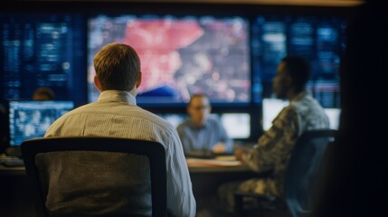 In a control room, a man in a striped shirt observes the digital displays while collaborating with other team members engaged in strategic discussions. The setting emphasizes teamw