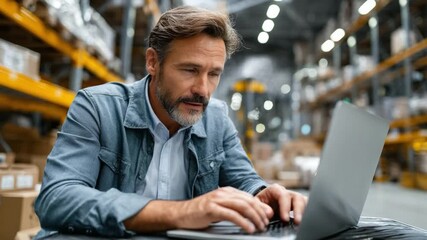 Warehouse Manager Working on Laptop: A focused warehouse manager utilizes a laptop amidst a bustling warehouse environment, analyzing data and managing logistics. - Powered by Adobe