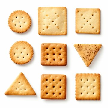 A neatly arranged assortment of various crackers in different shapes and textures, showcasing their golden-brown color and unique designs.