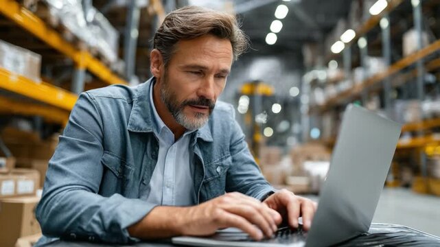 Warehouse Manager Working on Laptop: A focused warehouse manager utilizes a laptop amidst a bustling warehouse environment, analyzing data and managing logistics. - Powered by Adobe
