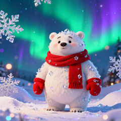 Cute polar bear wearing a red scarf and mittens in winter landscape  