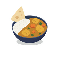 Curry with rice and naan, Asian cuisine, India, vector illustration