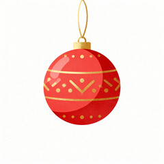 Red Christmas ornament with gold patterns hanging on string  