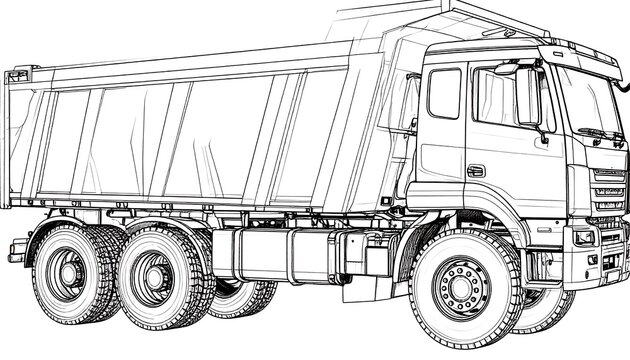 Detailed Line Art Dump Truck Illustration for Construction and Transport.