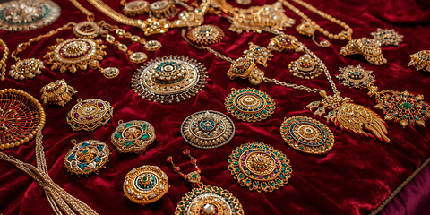 Ornate gold and gemstone jewelry with necklaces and brooches displayed on burgundy velvet exuding luxury