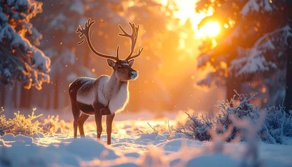 Deer stands majestically in a wintery forest. Snow-covered trees and golden sunlight add to the serene, magical setting © Frengki