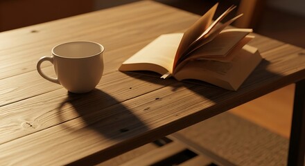 White ceramic mug and open book on rustic wooden table bathed in warm light isolated on white background