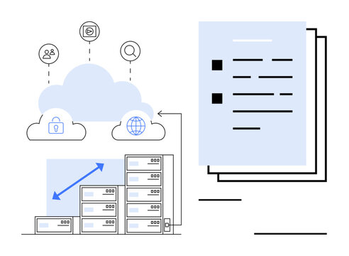 Cloud computing with server racks, scalability represented by arrows, cloud security, data transfer icons, and document management. Ideal for IT, cloud services, data storage, cybersecurity