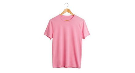Pink blank casual t-shirt on wooden hanger. apparel merchandise mock-up. isolated on transparent background