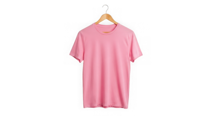 Pink blank casual t-shirt on wooden hanger. apparel merchandise mock-up. isolated on transparent background
