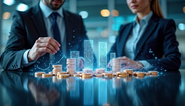 Business professionals analyzing financial data with holographic charts and coins on a table. A man in a suit and a woman in a blazer are engaged in discussion.