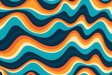 Groovy retro repeat pattern wavy abstract design with layered teal orange cream and navy curves creating rhythmic motion and playful vintage mood