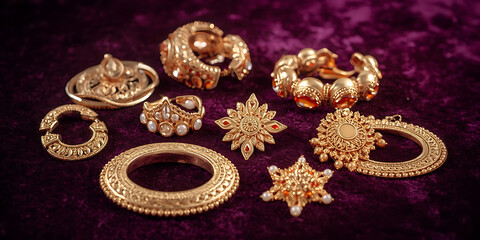 Intricate gold earrings and brooches arranged on rich purple velvet surface showcasing luxury and elegance