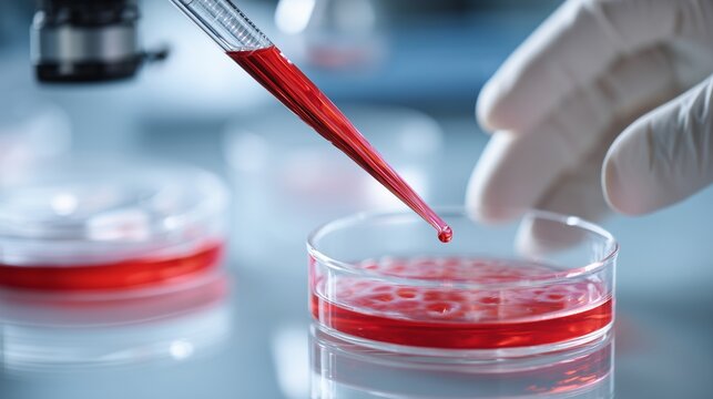 A technician wearing gloves carefully uses a pipette to dispense a red liquid into a petri dish within a laboratory setting. The red liquid is essential for laboratory analysis and