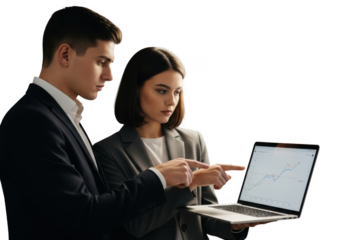 Diverse business team collaborates on laptop project under studio lighting transparent background