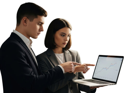 Diverse business team collaborates on laptop project under studio lighting transparent background