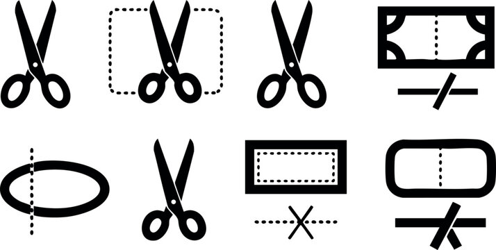 Scissors cutting guide icons for vector illustration of cutting and trimming symbols with dashed lines and folds