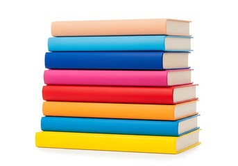 A stack of colorful hardcover books on a white background