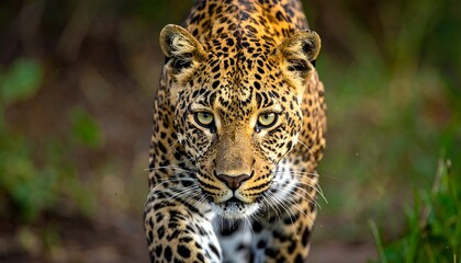Obraz premium Focused leopard strides forward, its spotted coat contrasts blurred green background. Eyes lock on viewer