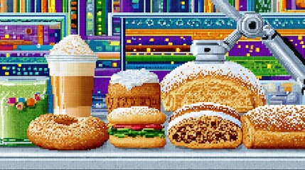 Colorful Cyberpunk Dessert Illustration with Pixelated Pastries and Drinks