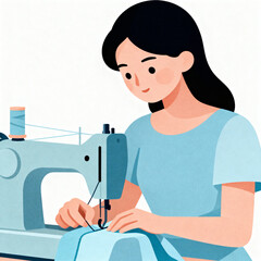Young woman sewing fabric with sewing machine indoors  