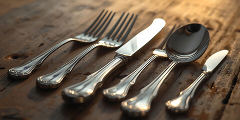 Polished silverware arranged neatly on aged wooden table illuminated by warm soft golden sunlight for rustic dining