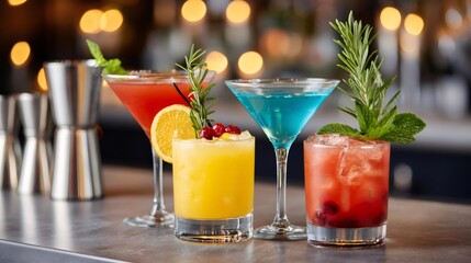 Colorful refreshing cocktails standing on a bar counter