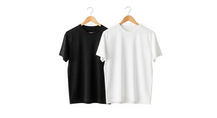 Plain black and white t-shirts, round neck, on wooden hangers isolated on transparent background