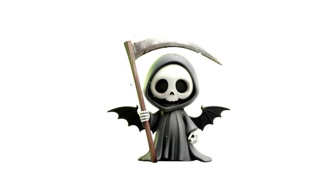 Cute cartoon grim reaper character holding scythe and wearing bat wings on transparent background.