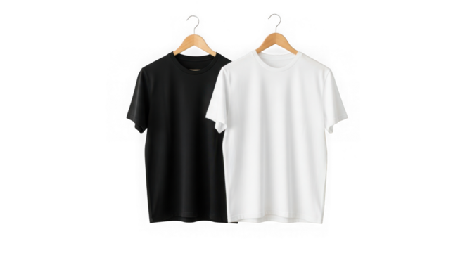 Plain black and white t-shirts, round neck, on wooden hangers isolated on transparent background