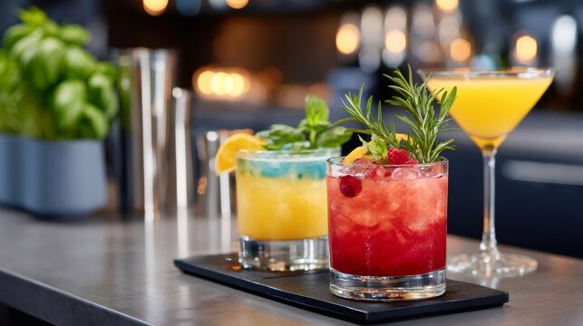 Colorful cocktails standing on a bar during happy hour