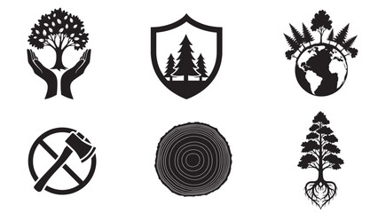 forest and tree conservation silhouettes collection minimal black eco nature protection vector icon set